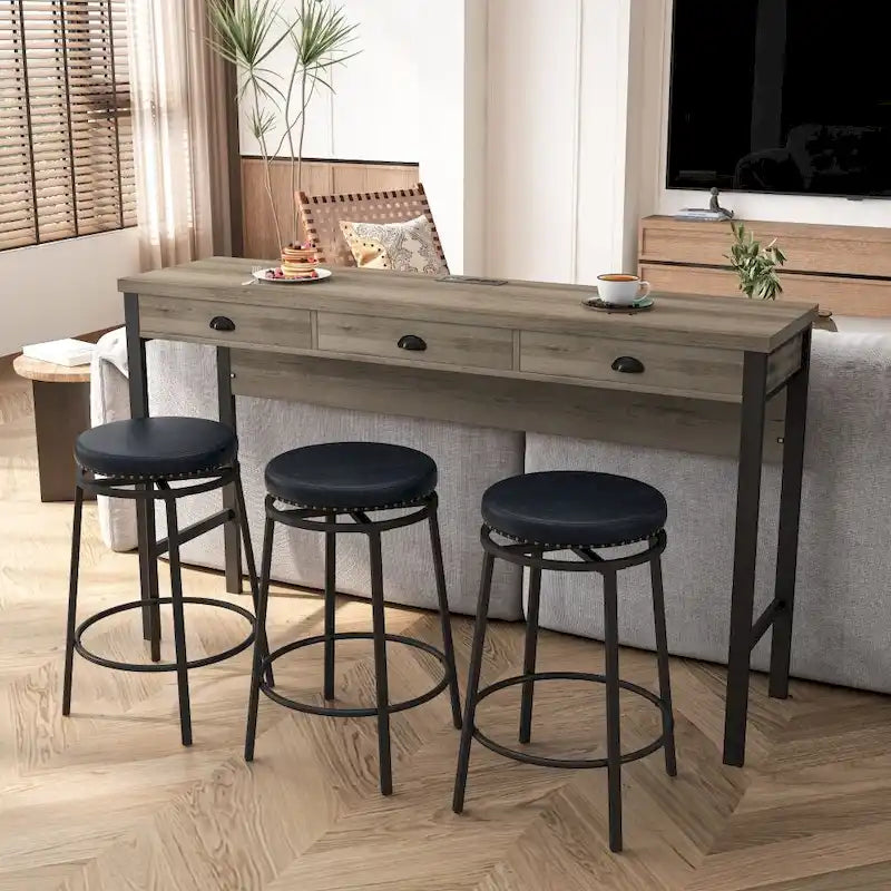 Juego de comedor de 3 cajones en marrón/negro con 3 taburetes giratorios de PU, para 4 personas