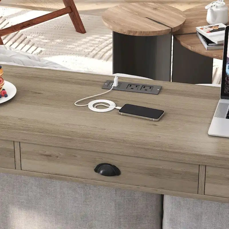 Juego de comedor de 3 cajones en marrón/negro con 3 taburetes giratorios de PU, para 4 personas