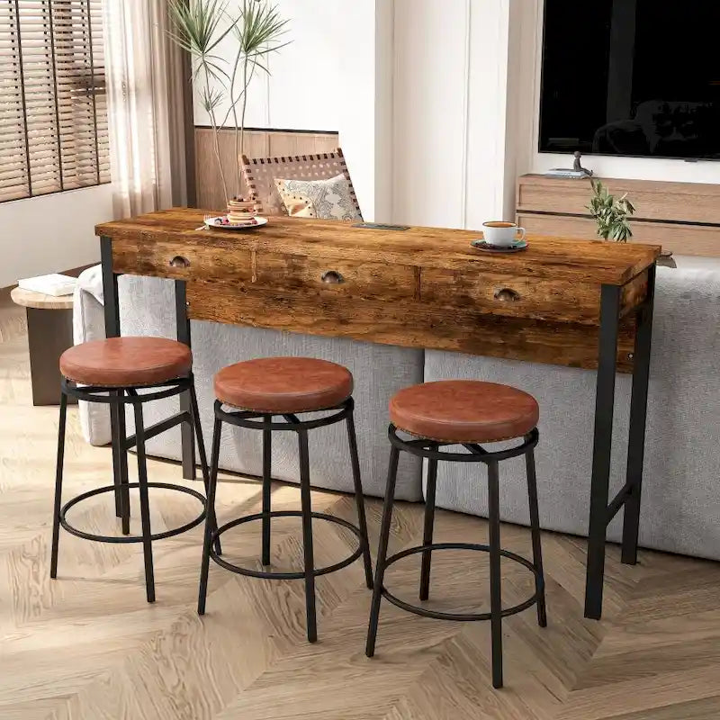 Juego de comedor de 3 cajones en marrón/negro con 3 taburetes giratorios de PU, para 4 personas